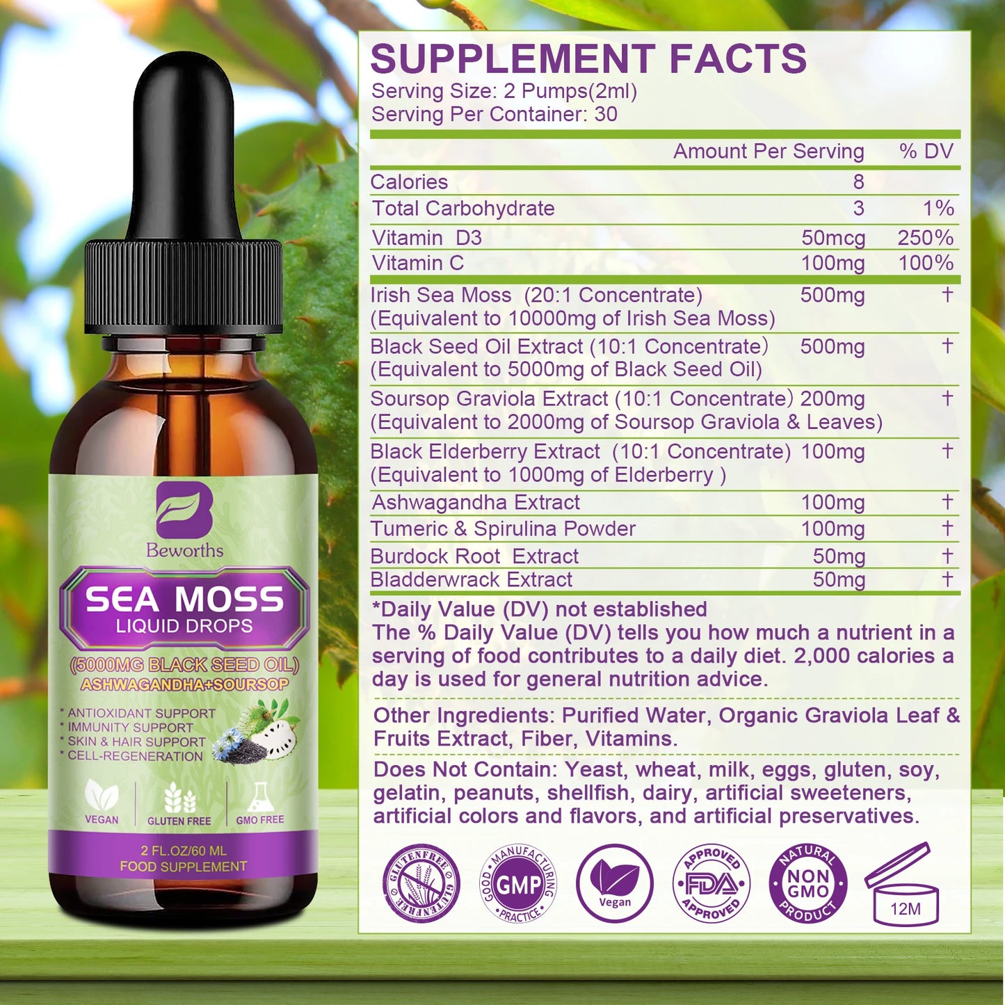Sea MOSS & Soursop Graviola Extract Drops Support Immunity and Kidney Health, Promote Digestion and Antioxidation