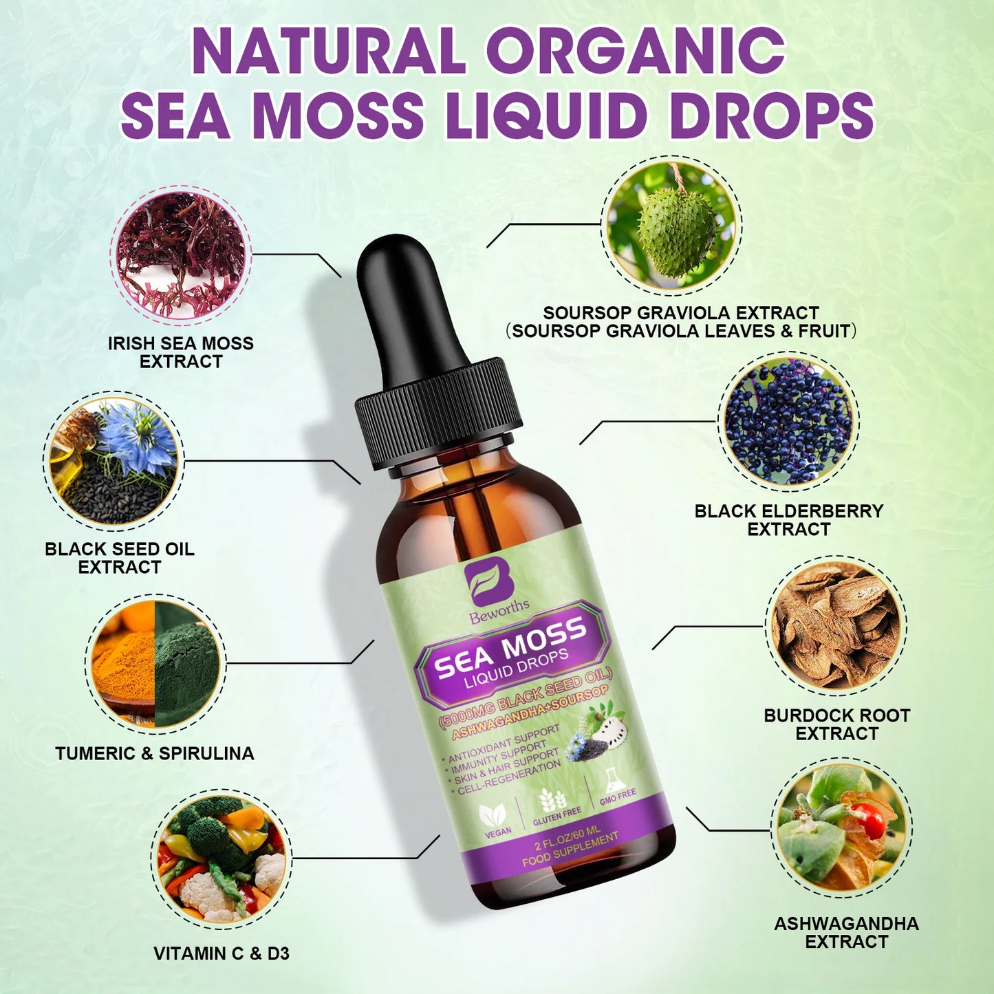 Sea MOSS & Soursop Graviola Extract Drops Support Immunity and Kidney Health, Promote Digestion and Antioxidation