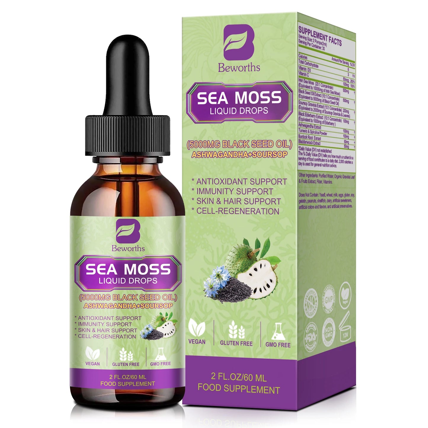 Sea MOSS & Soursop Graviola Extract Drops Support Immunity and Kidney Health, Promote Digestion and Antioxidation