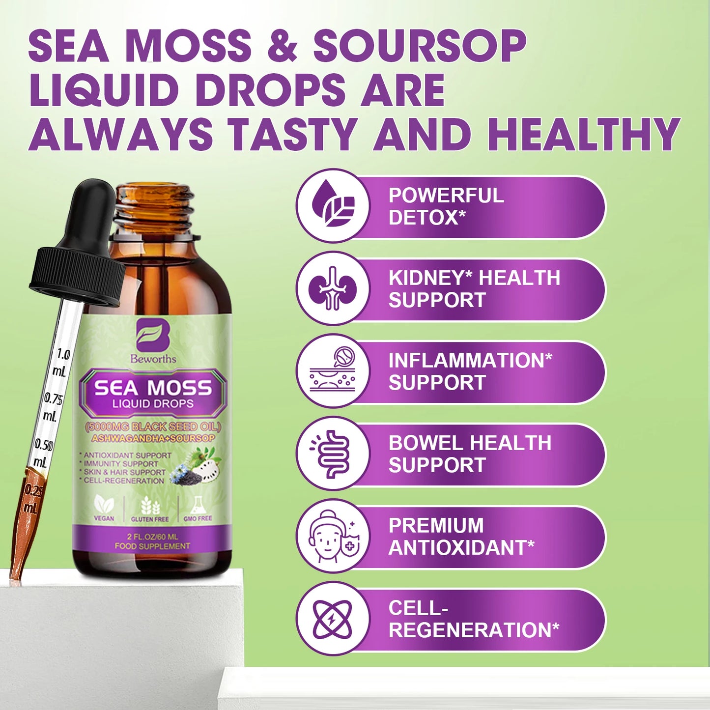 Sea MOSS & Soursop Graviola Extract Drops Support Immunity and Kidney Health, Promote Digestion and Antioxidation