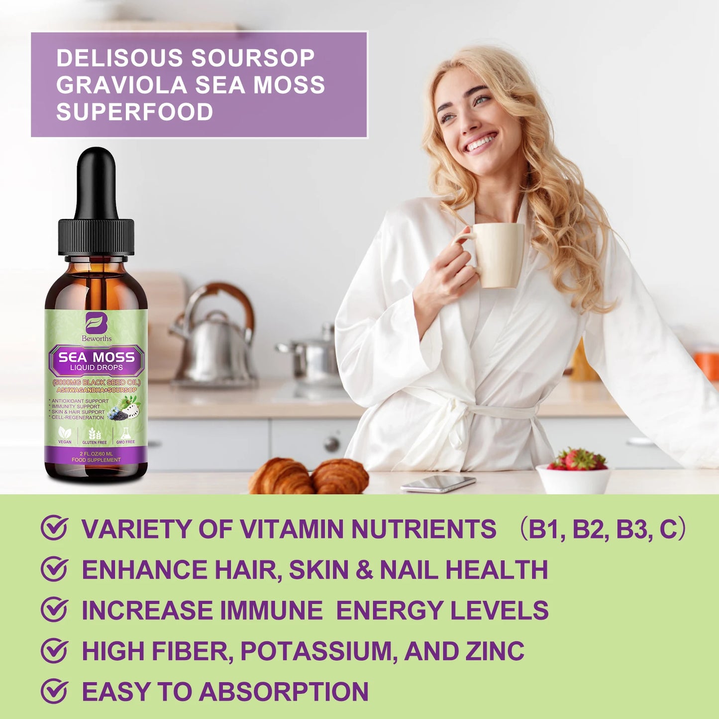 Sea MOSS & Soursop Graviola Extract Drops Support Immunity and Kidney Health, Promote Digestion and Antioxidation