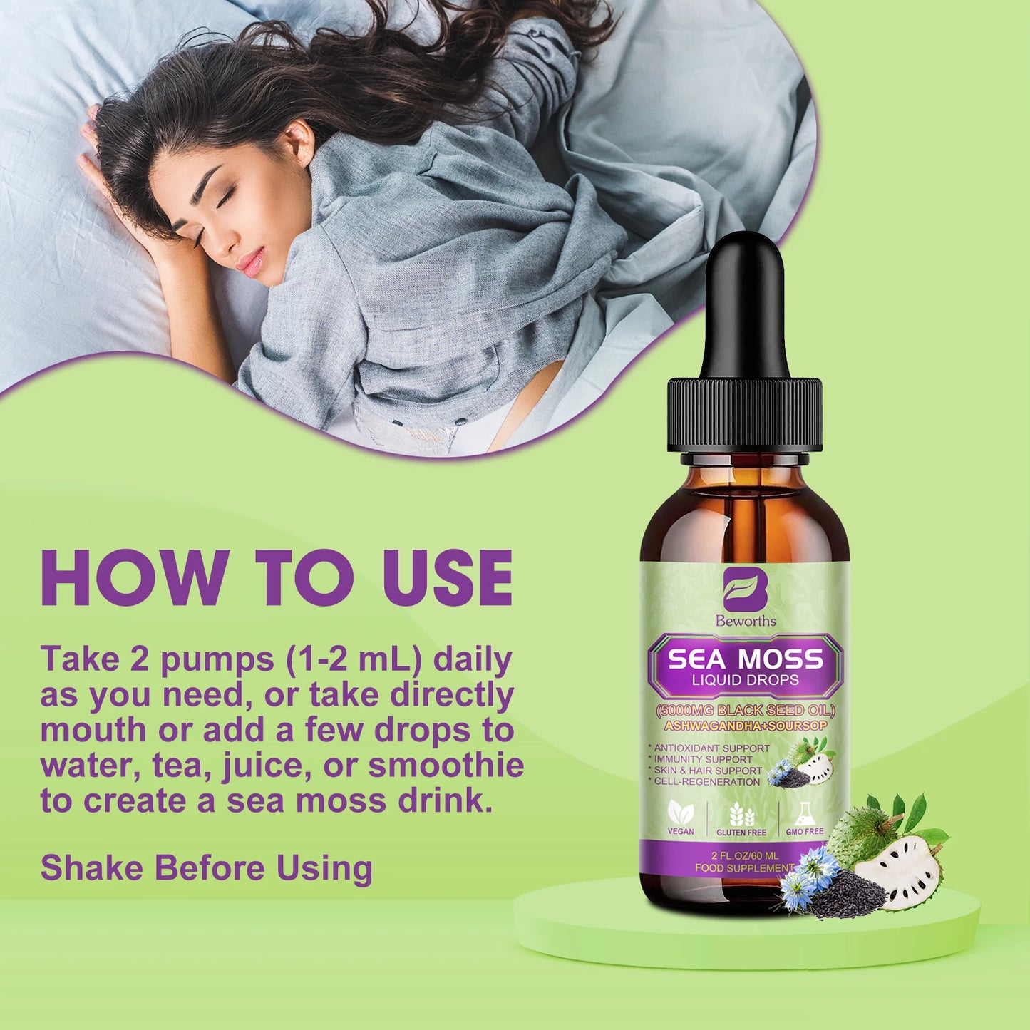 Sea MOSS & Soursop Graviola Extract Drops Support Immunity and Kidney Health, Promote Digestion and Antioxidation