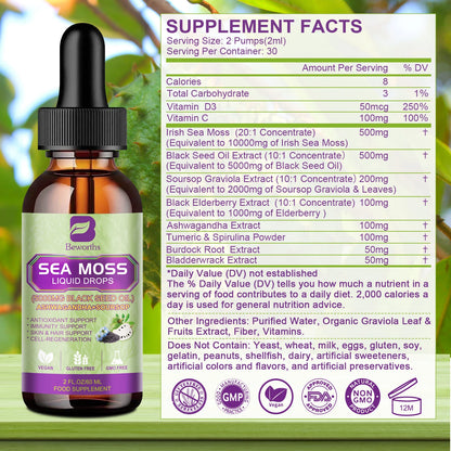Sea MOSS & Soursop Graviola Extract Drops Support Immunity and Kidney Health, Promote Digestion and Antioxidation